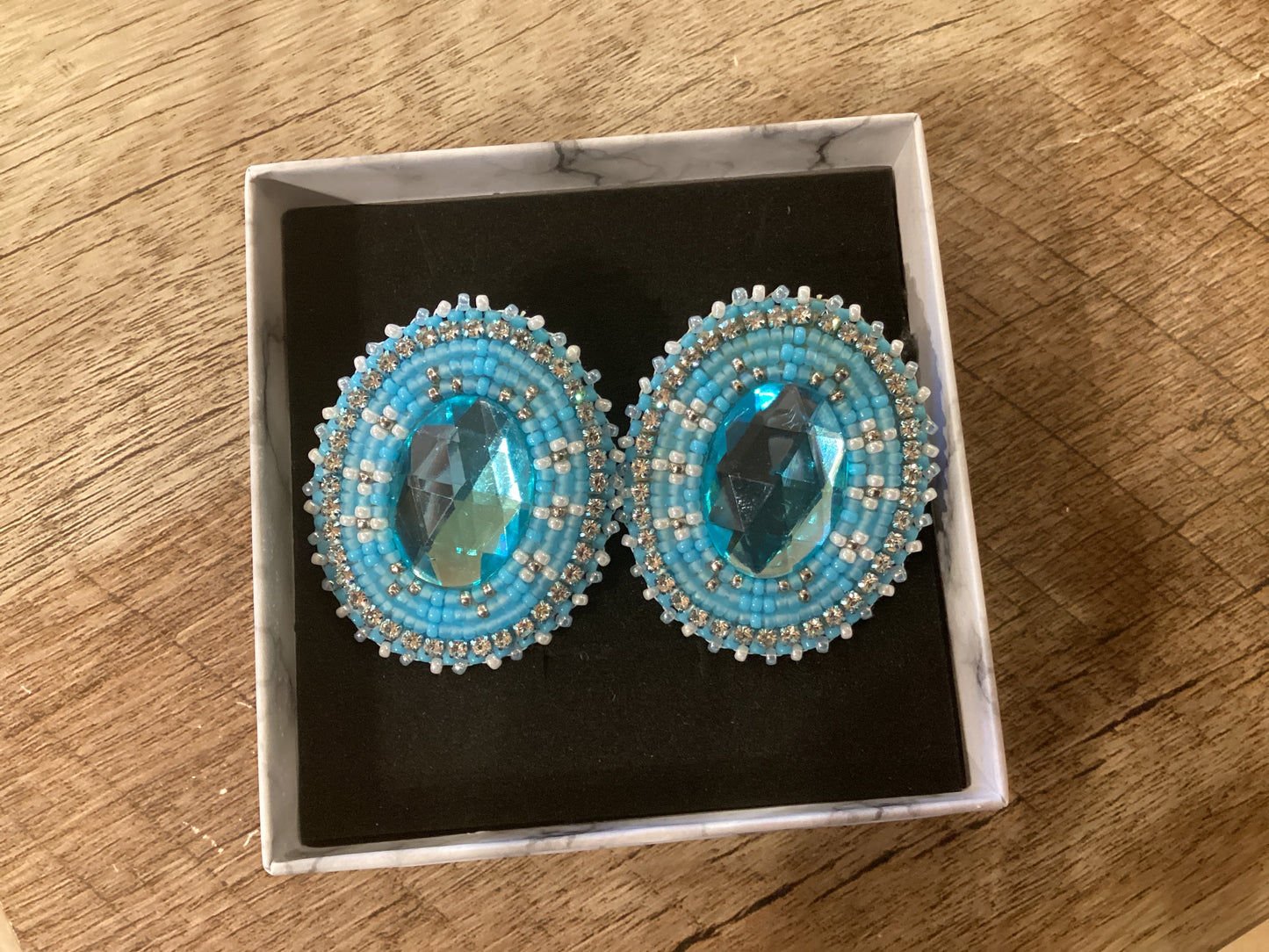 Beaded Blue Oval Earrings