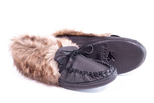 Black Deerskin Moccasins w/ Fur (Women's)