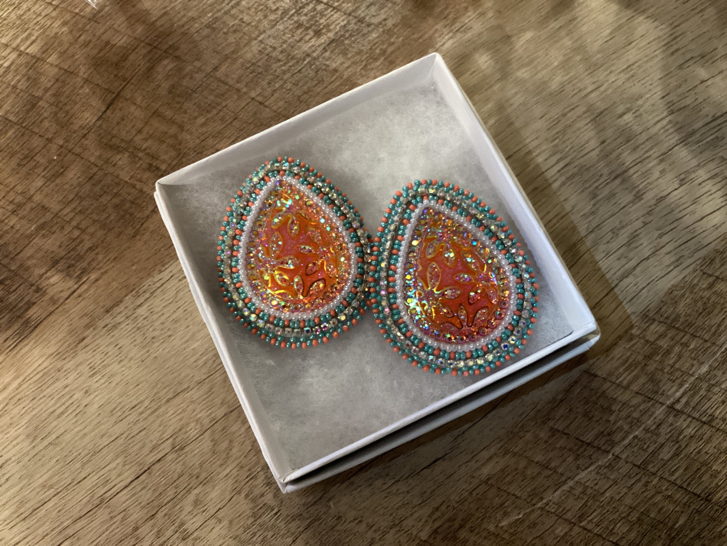 Beaded Orange Teardrop Earrings