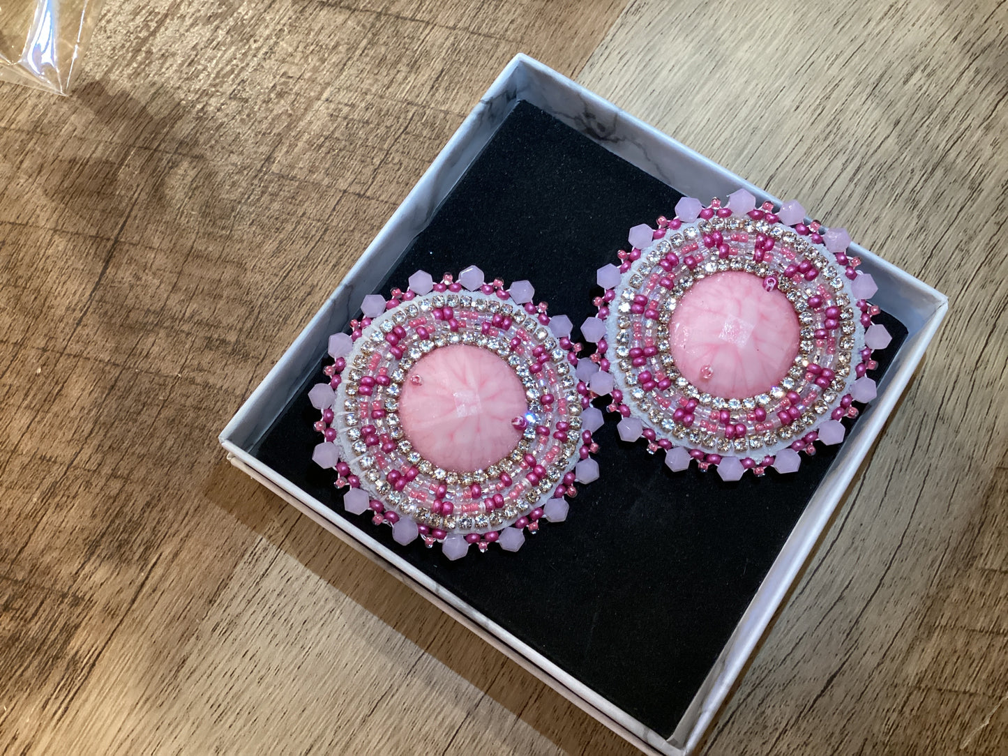 Beaded Pink Earrings W/ Crystal Border