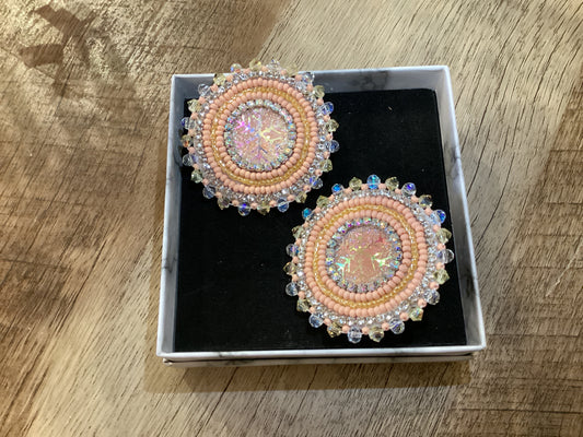 Beaded Pink Round Snowflake Earrings