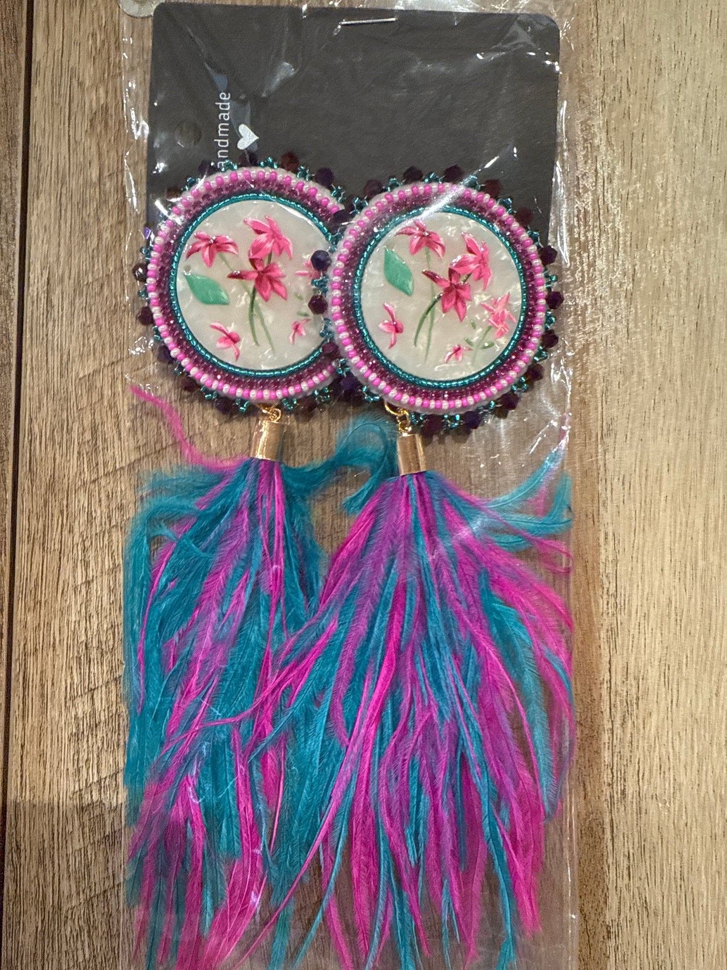Flower with Feather Beaded Earrings