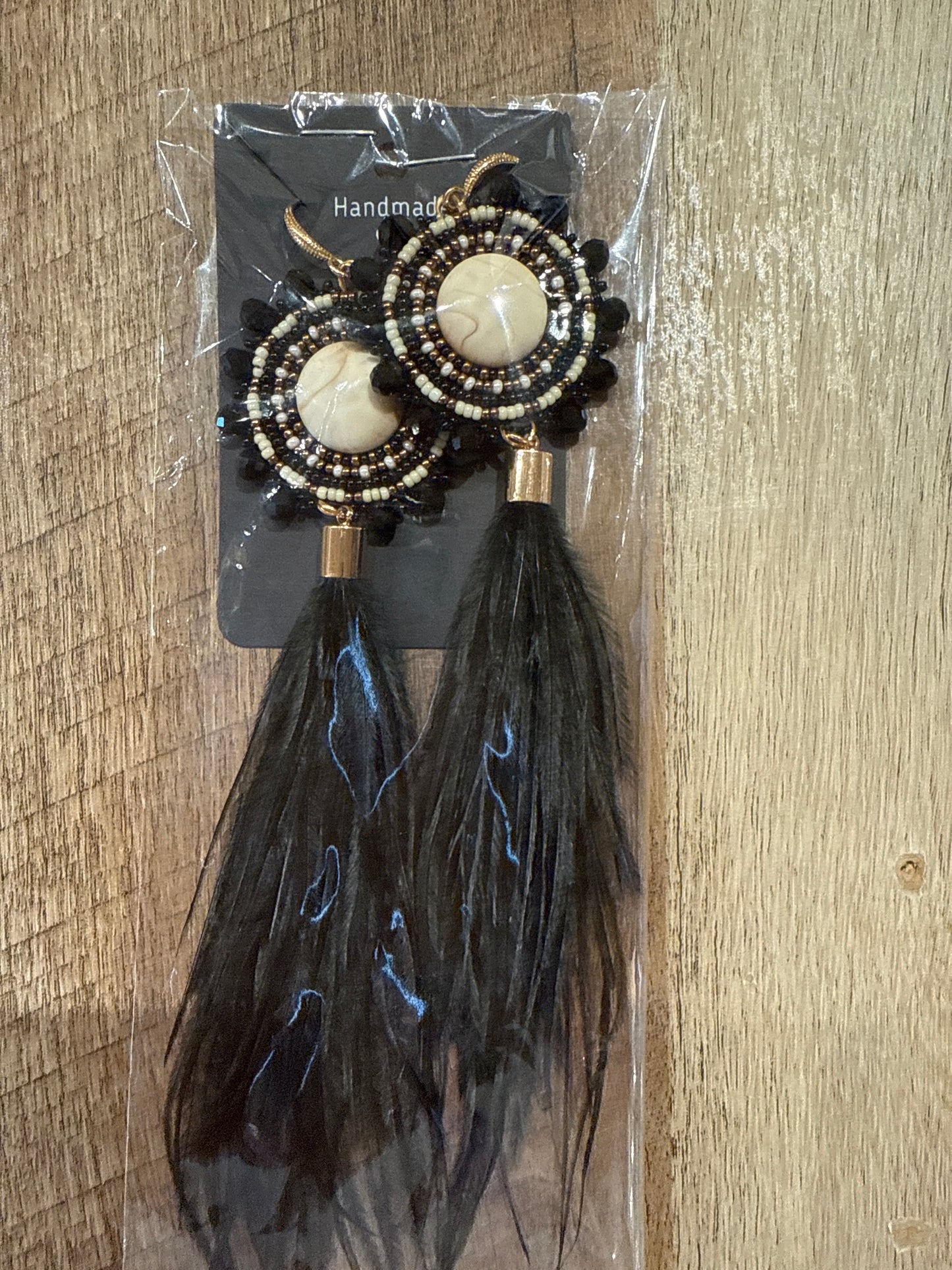 Black w/ Feather Beaded Earrings