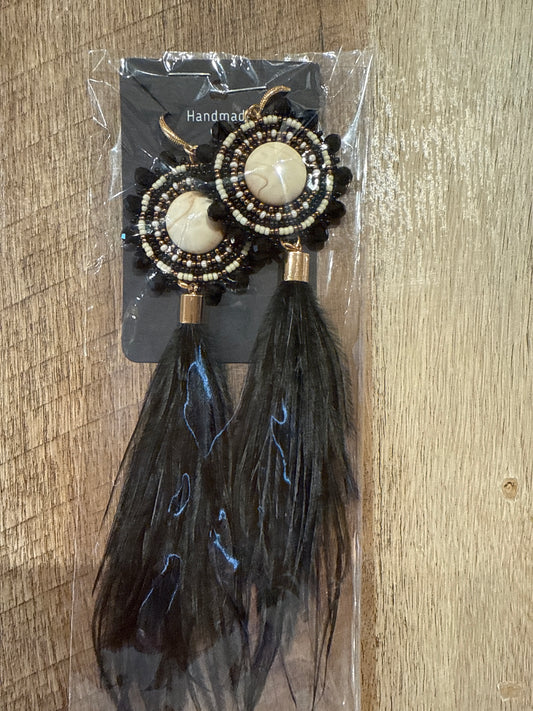 Black w/ Feather Beaded Earrings