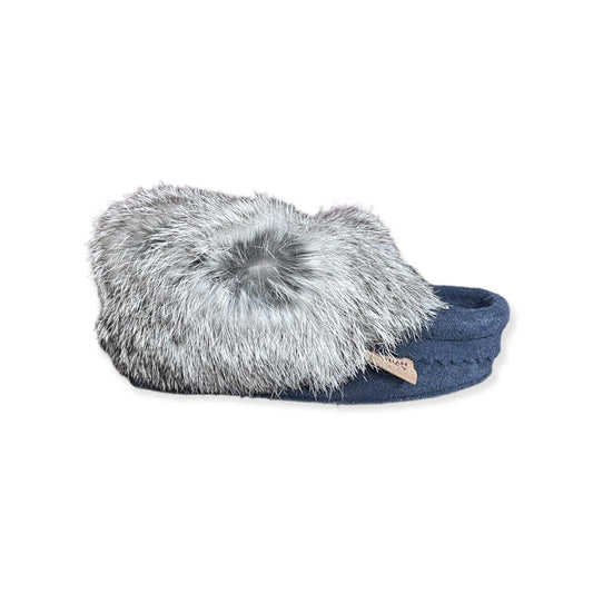 Laurentian Chief Kid's Fur Moccasin in Navy Suede