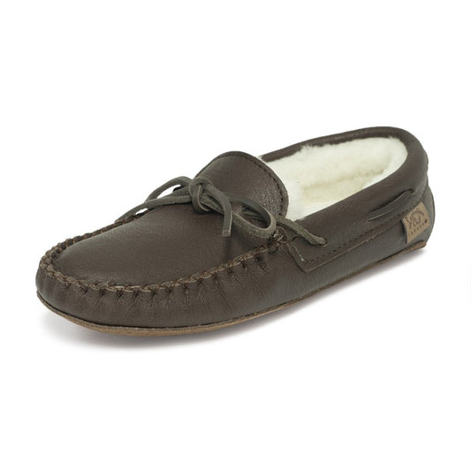 "Laurentian Chief Moccasins, 8 hole collar, sheeps. rev. Gr 1 Kabir padded sole, Fudge/Chocolate” (Men's)