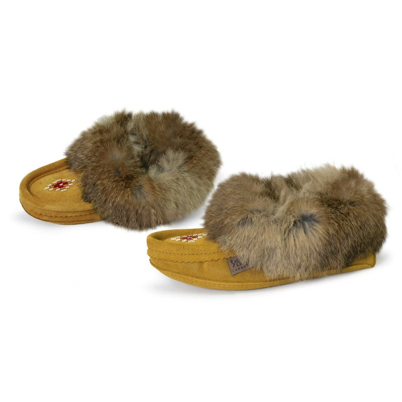 "Laurentian Chief Slipper, Orlon, Beaded Slipper with Fur Trim and Padded sole" (Youth)