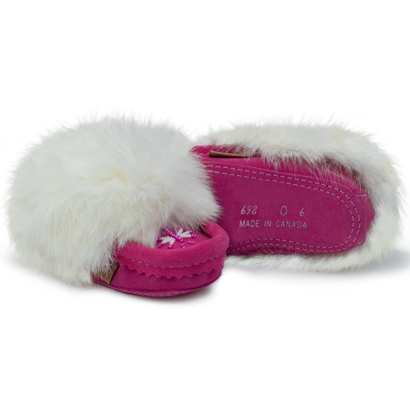 "Laurentian Chief Slipper, Orlon, Beaded Slipper with Fur Trim and Padded sole" (Youth)