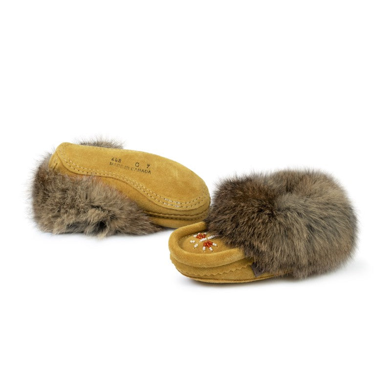 "Laurentian Chief Slipper, Orlon, Beaded Slipper with Fur Trim and Padded sole" (Youth)