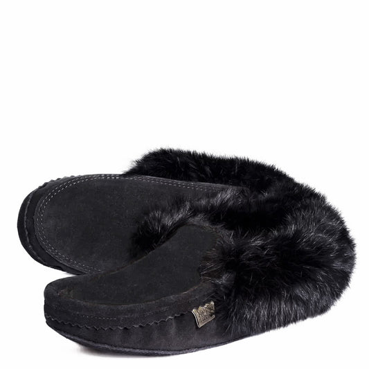 "Laurentian Chief Slipper fur trim, black orlon, polar top, padded sole" (Women's)